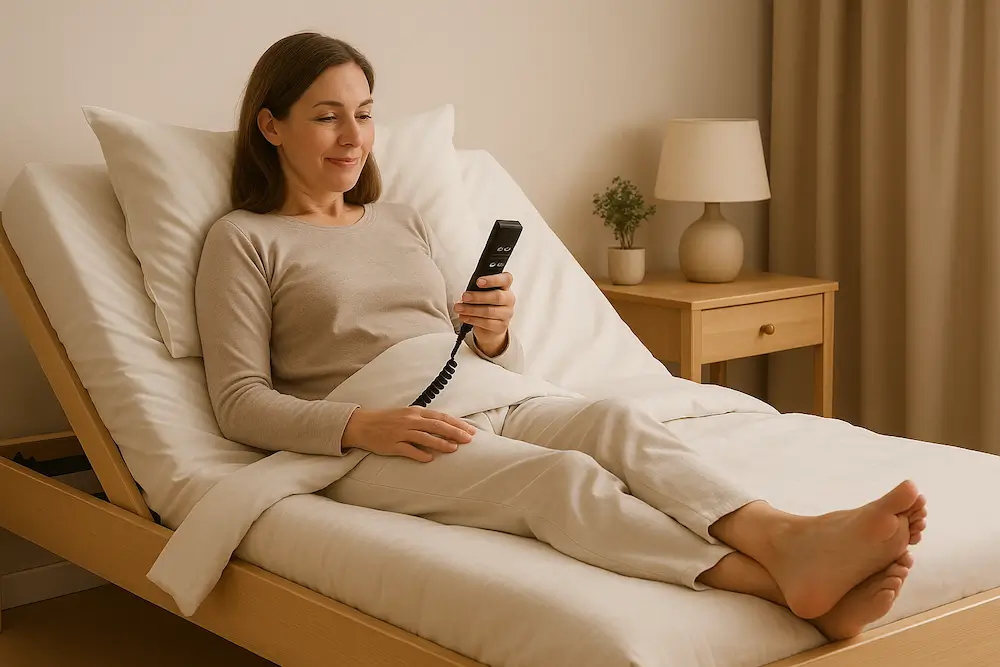 Osoba sterująca stelażem elektrycznym za pomocą pilota